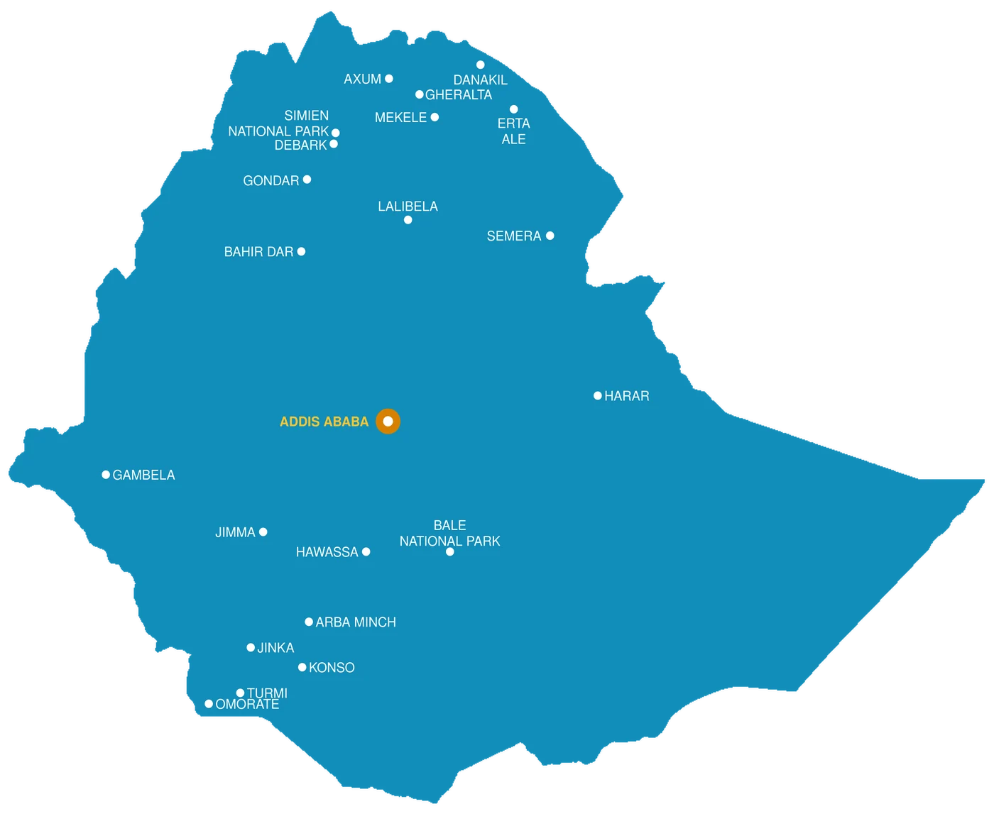Map of Ethiopia showing major travel destinations