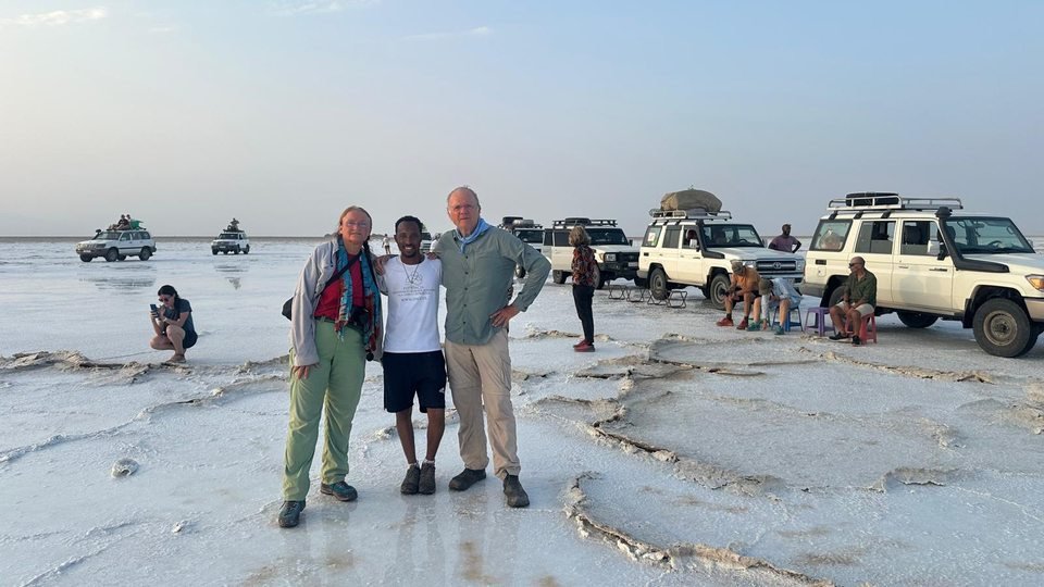 Yared Gudeta with travelers on the Danakil salt flats